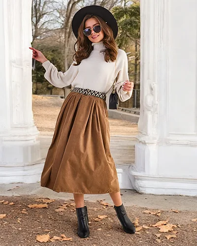 Royalfashion Kvinnors corduroy midi kjol