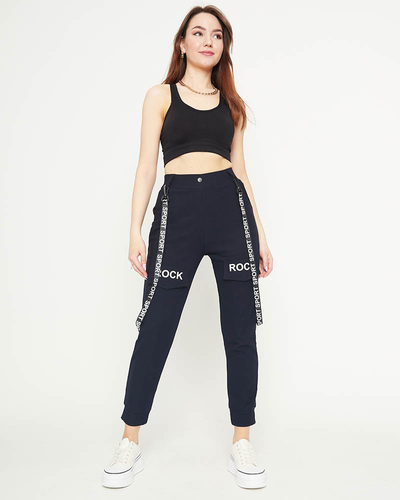 Navy blue women's cargo pants with suspenders - Clothing