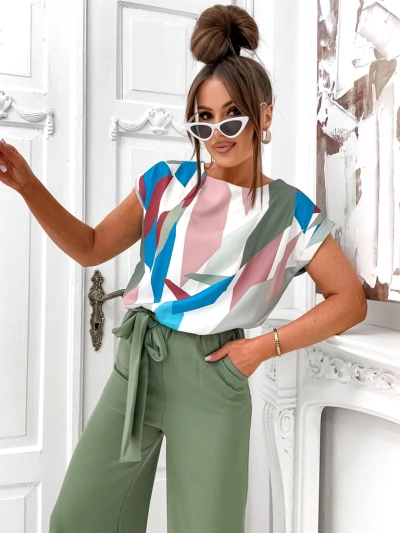 Royalfashion Naiste jumpsuit laia pükste ja mustriga lühikeste varrukatega pluusiga