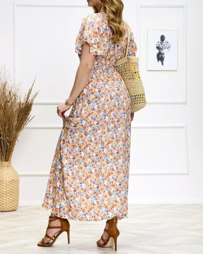 Orange and blue women's floral midi dress - Shoes