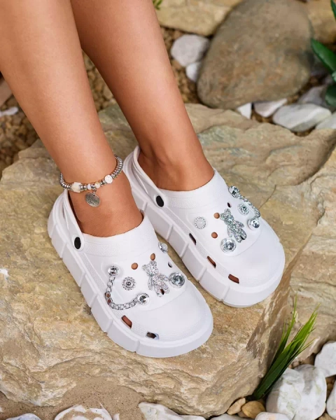 Royalfashion Белые ажурные женские шлепанцы с украшениями из циркония Afuccia