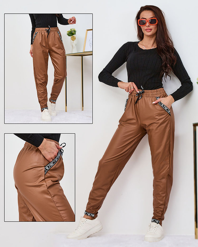 Royalfashion Loose women's eco leather pants in camel color