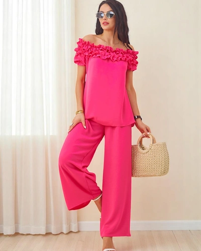 Royalfashion Women's set with an off-the-shoulder blouse with short sleeves and a decorative neckline, and flared pants