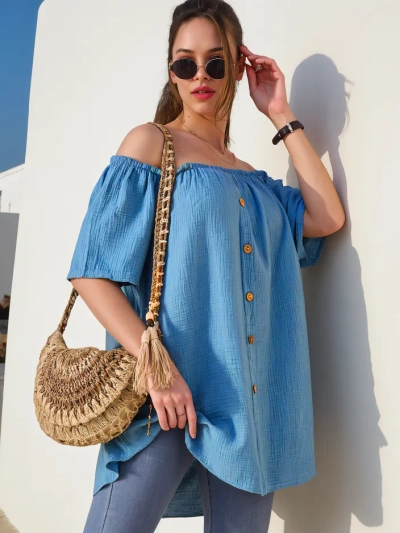 Royalfashion Женская хлопковая блузка в испанском стиле с декоративными пуговицами