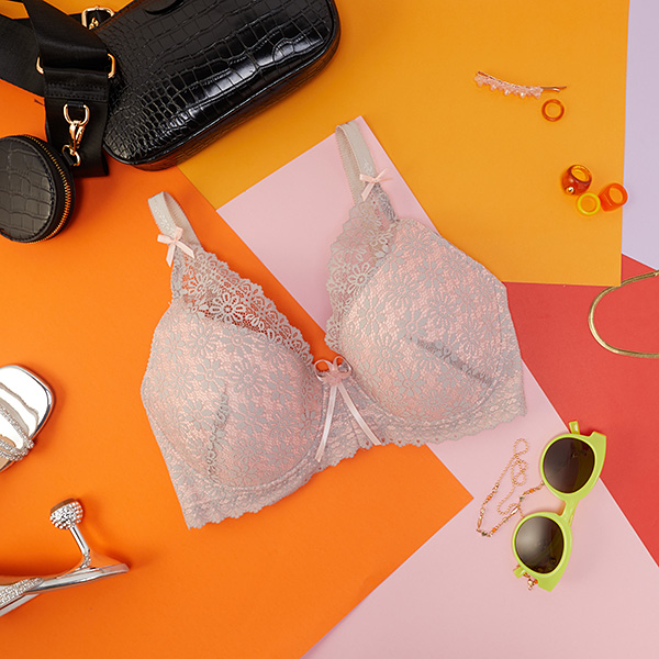 Women's pink bra with gray lace - Underwear