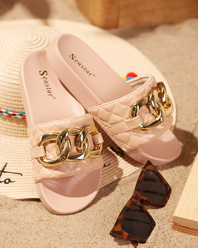 Royalfashion Бежевые женские стеганые шлепанцы с золотой цепочкой Eteris