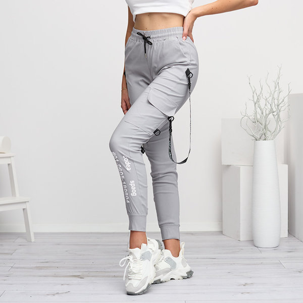 Gray women's cargo pants with inscriptions - Clothing