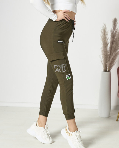 Women's combat pants with inscription in dark green- Clothing