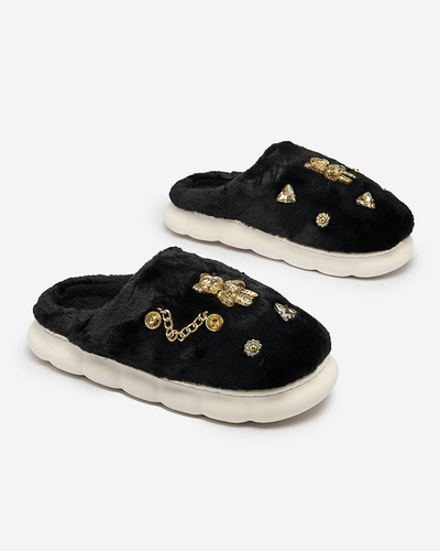 Royalfashion Черные женские меховые тапочки с орнаментом Erserra