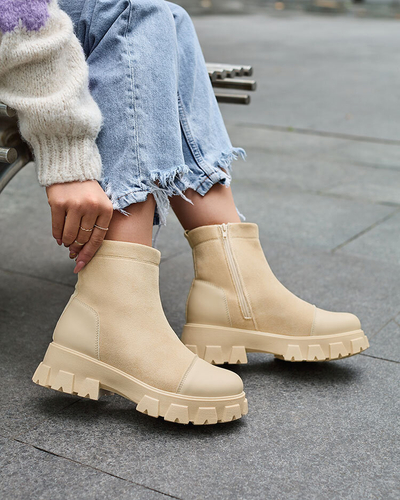 Royalfashion Women's flat heeled boots in cream color Leffoi