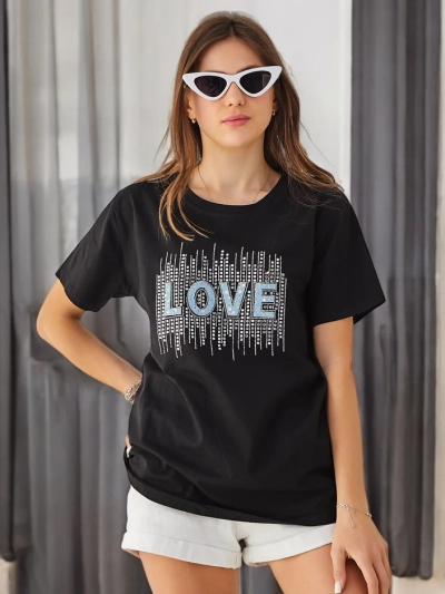 Royalfashion Naiste Puuvillane T-särk ARMASTUS rhinestones'iga