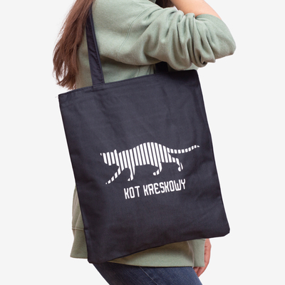 Black fabric bag with cat's inscription and print - Accessories