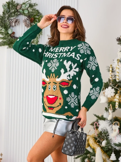 Royalfashion Dark green women's Christmas sweater with reindeer
