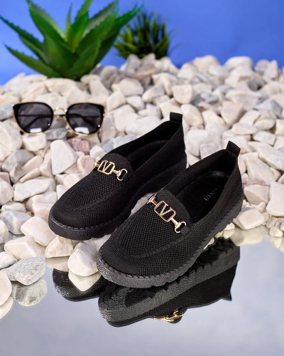 Royalfashion Черные женские мокасины из ткани с золотым украшением Ertica