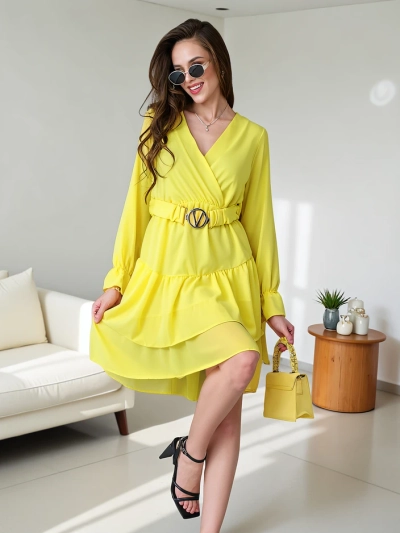 Royalfashion Women's mini dress with ruffles and wrap neckline