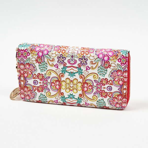 Large white and red women's wallet with a floral pattern - Accessories