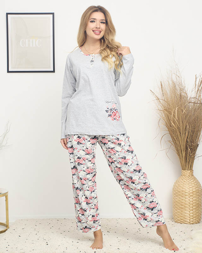 Women's pajamas with floral print in gray color PLUS SIZE - Clothing