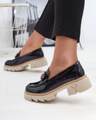 Lacquered black moccasins with colored stones Sarix - Footwear