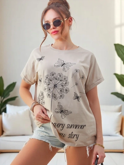 Royalfashion Women's cotton t-shirt with dandelions and a butterfly