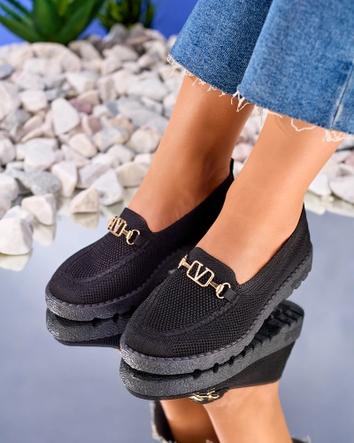 Royalfashion Mustad kuldse kaunistusega naiste kangast mokasiinid Ertica