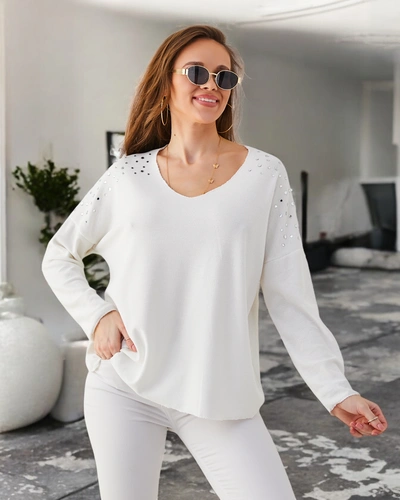 Royalfashion Women's thin viscose sweater with rhinestones on the shoulders