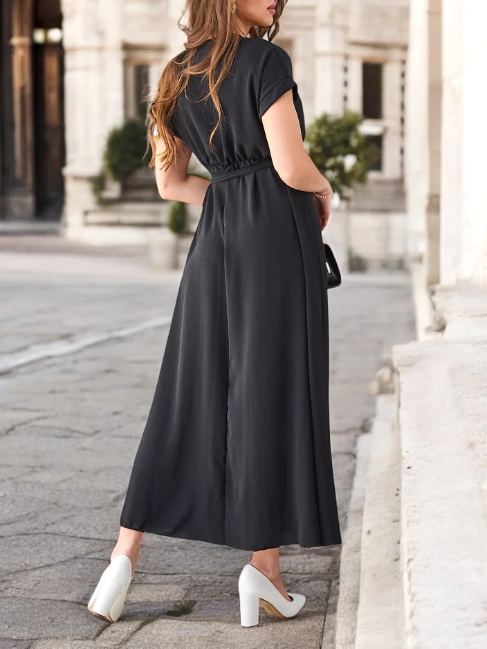 Royalfashion Women's midi dress with a wrap neckline, short sleeves, and a belt