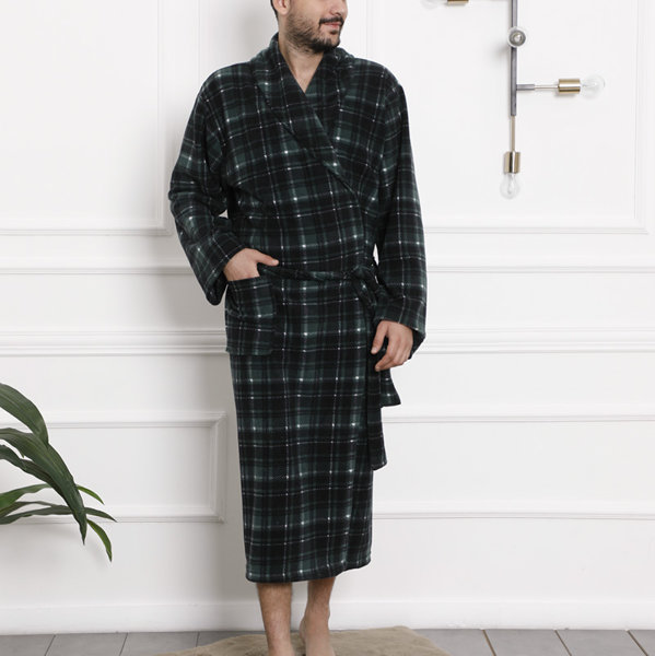 Dark green men's checkered bathrobe - Clothing