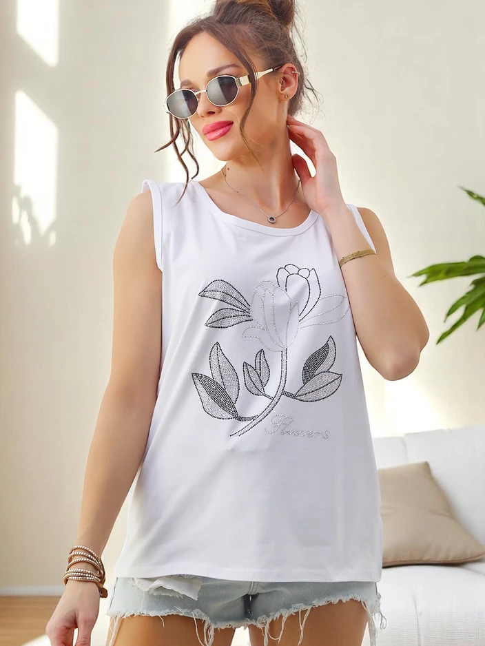Royalfashion Cotton women's tank top with rhinestones FLOWERS