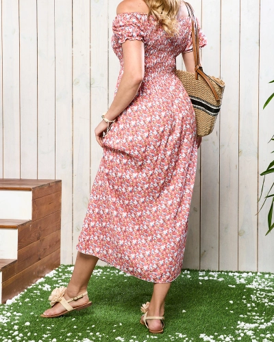 Koralli värvi naiste midi-kleit lillemustriga - Rõivad