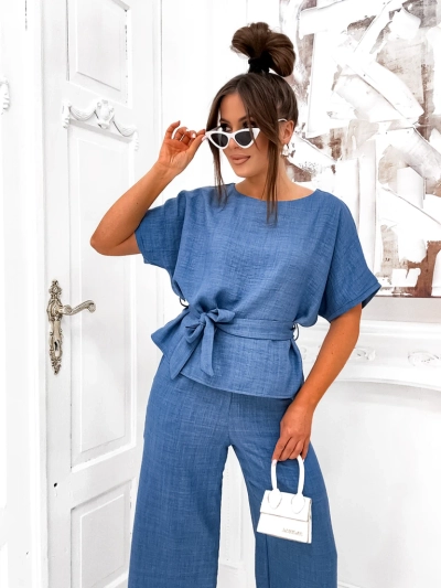 Royalfashion Naiste komplekt lühikeste varrukatega pluusi ja laiade pükstega