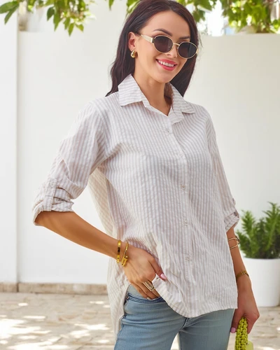 Royalfashion Women's cotton striped shirt with a tie at the bottom