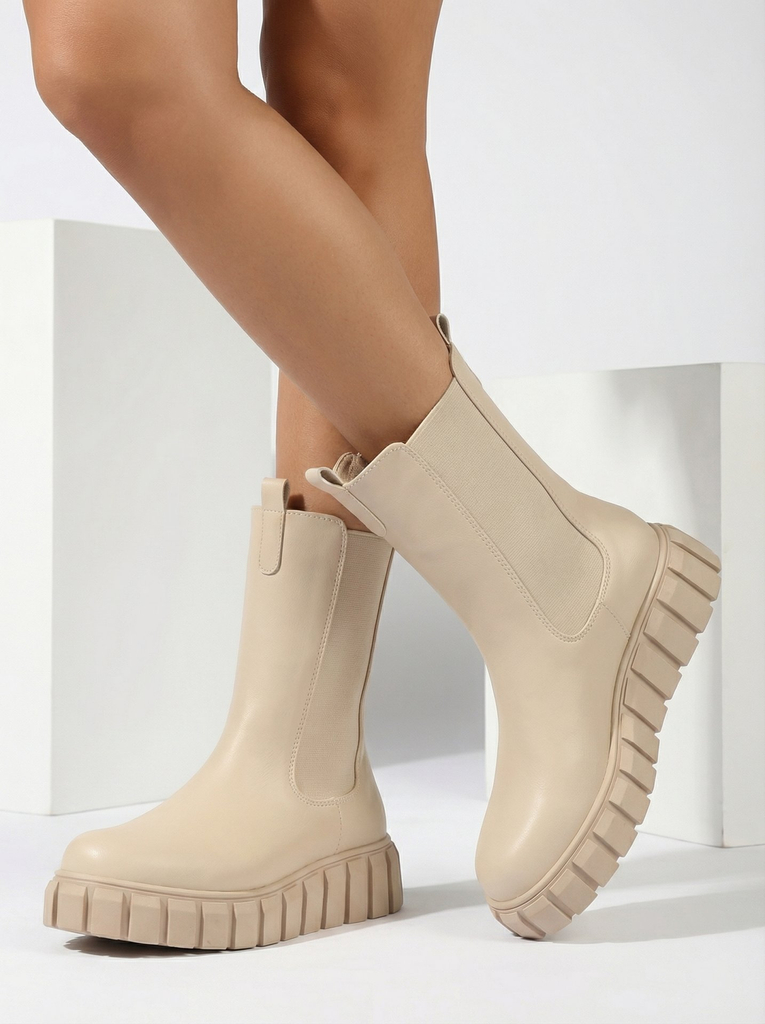 Royalfashion Women's high flat heeled boots in ecru Elicane