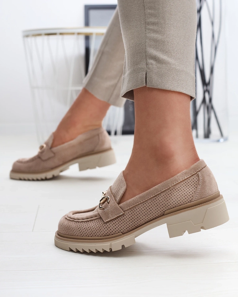 Royalfashion Светло-коричневые ажурные женские мокасины с цепочкой Imerila