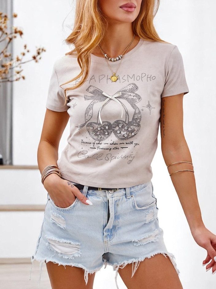 Royalfashion Women's cotton t-shirt with rhinestones and a bow