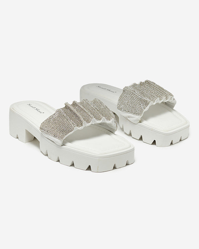 OUTLET White women's slippers with cubic zirconias Emkoy- Footwear
