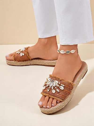 Royalfashion Callista Boho Camel Flat Platform Sandals with Shells