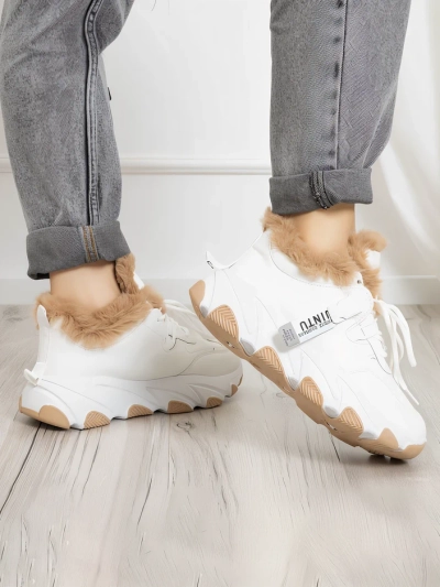 Women's white sports sneakers with Nonua fur - Footwear