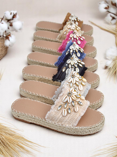 Royalfashion Helena Decor Women's Sandals Black Espadrilles with Shells