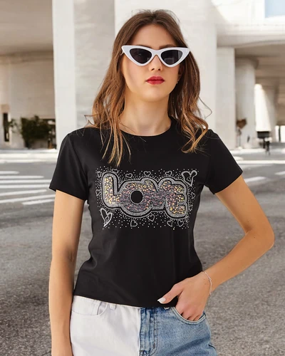 Royalfashion Cotton Women's T-shirt LOVE with rhinestones