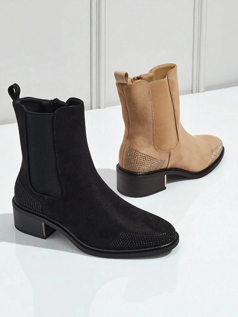 Women's Eco Suede Ankle Boots Decorated with Rhinestones TangleMist