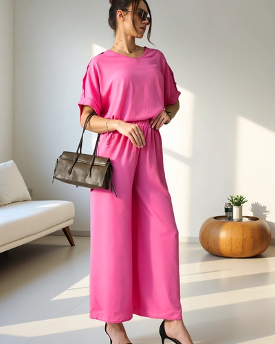 Royalfashion Women's casual set with a short-sleeve blouse and wide trousers