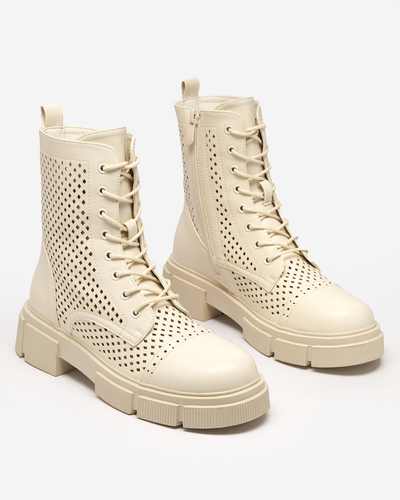 Openwork beige women's boots with flat heels Rolika - Footwear