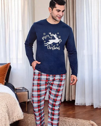Royalfashion Men's cotton pajamas in a check pattern