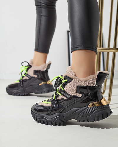 Mustad naiste spordijalatsid karusnaha ja neoonkollaste pitsidega Adbo- Footwear