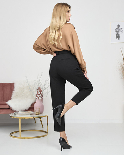 Women's brown long satin blouse with binding - Clothing