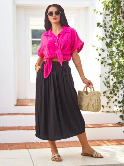 Royalfashion Women's Woven Midi Skirt, Summer and Flowing with Two Pockets