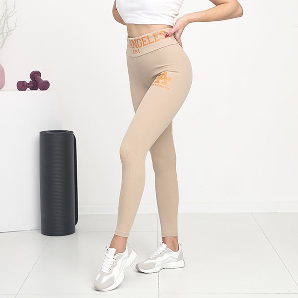 Light brown women's striped leggings with orange inscriptions - Clothing