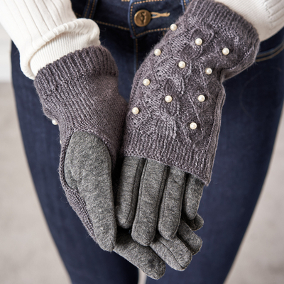 Dark gray women's mittens with pearls - Mittens
