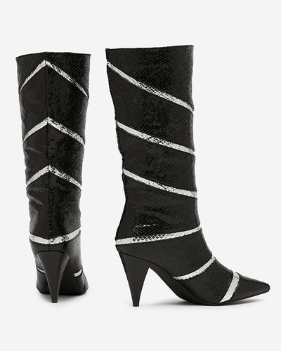 Black and silver women's stiletto heeled boots with embossed stripes Felifea- Footwear