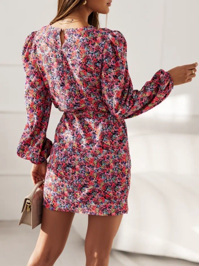 Royalfashion Floral mini dress for women with puff sleeves and belt